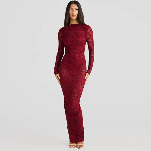 Load image into Gallery viewer, Lace Backless Sexy Maxi Dress For Women Gown Fashion Solid O Neck Long Sleeve Ruched Bodycon Club Long Dress Vestido
