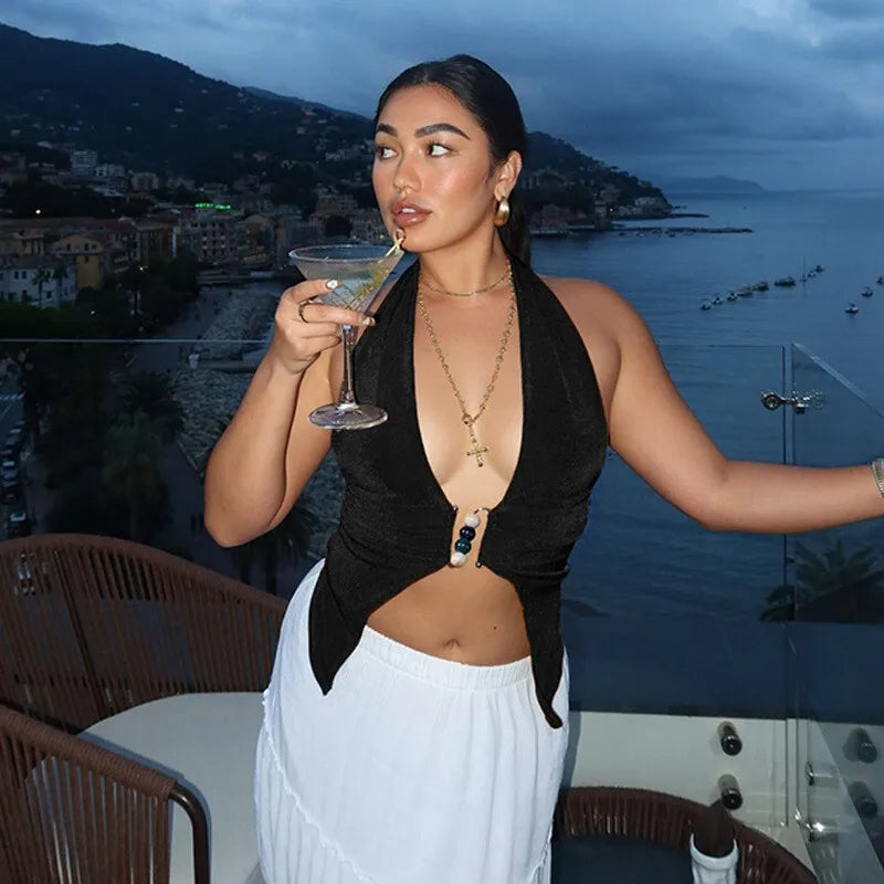 Halter V Neck Sexy Crop Tops Women Fashion Sleeveless Backless Ruched Tank Tops Female Solid Fashion Club Tops Elegant