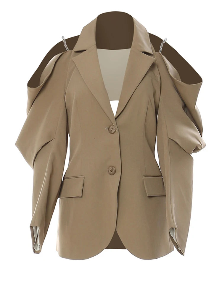 Women Off Shoulder Chain Big Size Blazer New Lapel Long Sleeve Loose Fit Jacket Fashion Tide Spring Autumn 2025 1DE9885