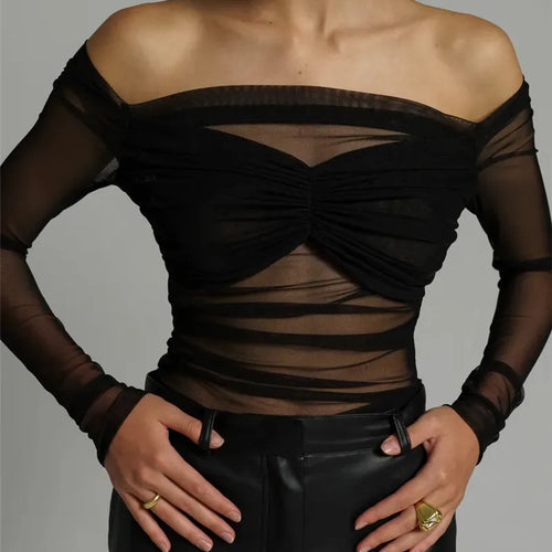 Load image into Gallery viewer, Summer Mesh Off-shoulder T-shirt Women Fashion Pleated Bust Backless Tees Tops Female Elegant Strapless See Through Top
