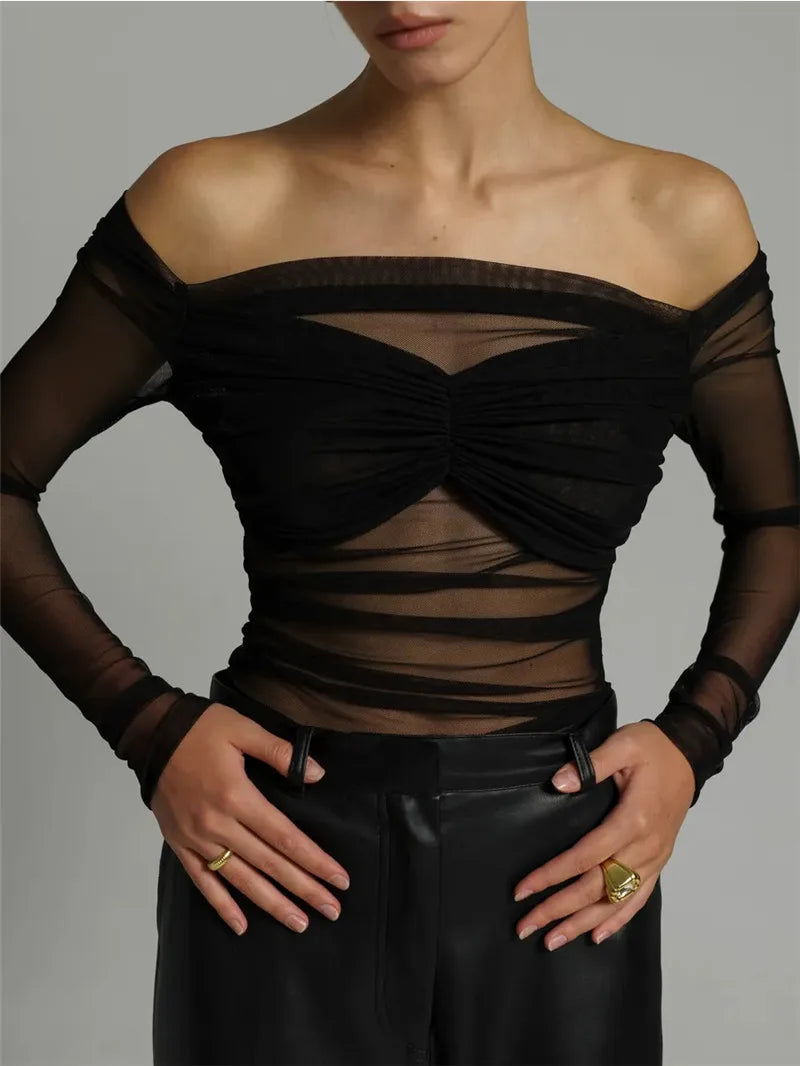 Summer Mesh Off-shoulder T-shirt Women Fashion Pleated Bust Backless Tees Tops Female Elegant Strapless See Through Top