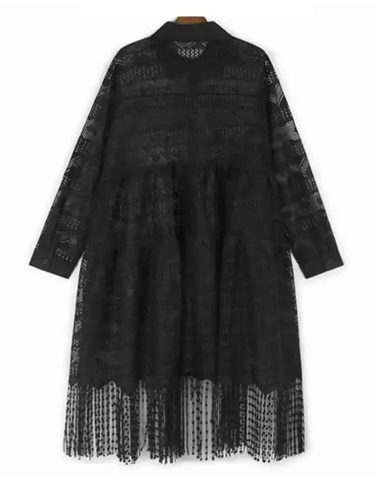 Women Black Lace Hollow Out Tassels Big Size Midi Shirt Dress New Lapel Long Sleeve Fashion Spring Autumn 2025 1DH8942