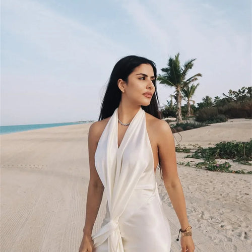 Load image into Gallery viewer, Satin Deep V Neck Backless Sexy Maxi Dress Women Elegant Halter Sleeveless Lace-up High Waist Draped Ruched Long Dress
