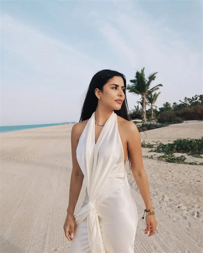 Satin Deep V Neck Backless Sexy Maxi Dress Women Elegant Halter Sleeveless Lace-up High Waist Draped Ruched Long Dress