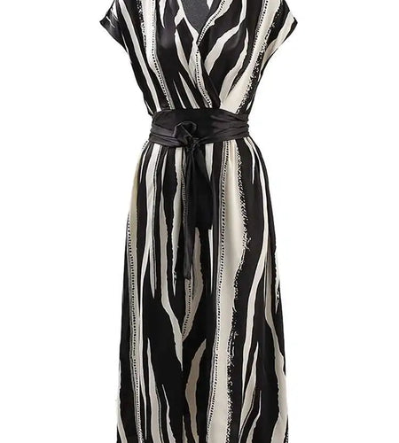 Women Beige Striped Printed Belted Elegant Midi Dress New V-Neck Sleeveless Fashion Tide Spring Summer 2025 CPG1504