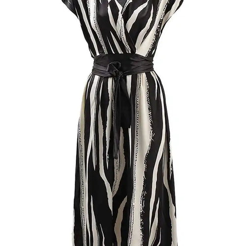 Load image into Gallery viewer, Women Beige Striped Printed Belted Elegant Midi Dress New V-Neck Sleeveless Fashion Tide Spring Summer 2025 CPG1504
