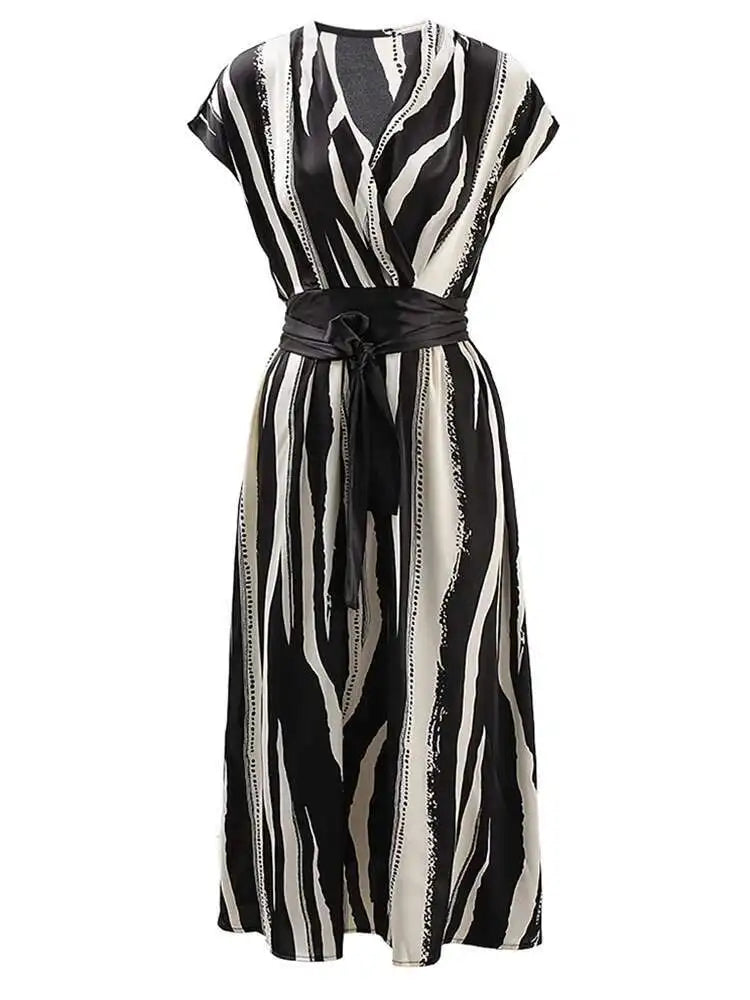 Women Beige Striped Printed Belted Elegant Midi Dress New V-Neck Sleeveless Fashion Tide Spring Summer 2025 CPG1504