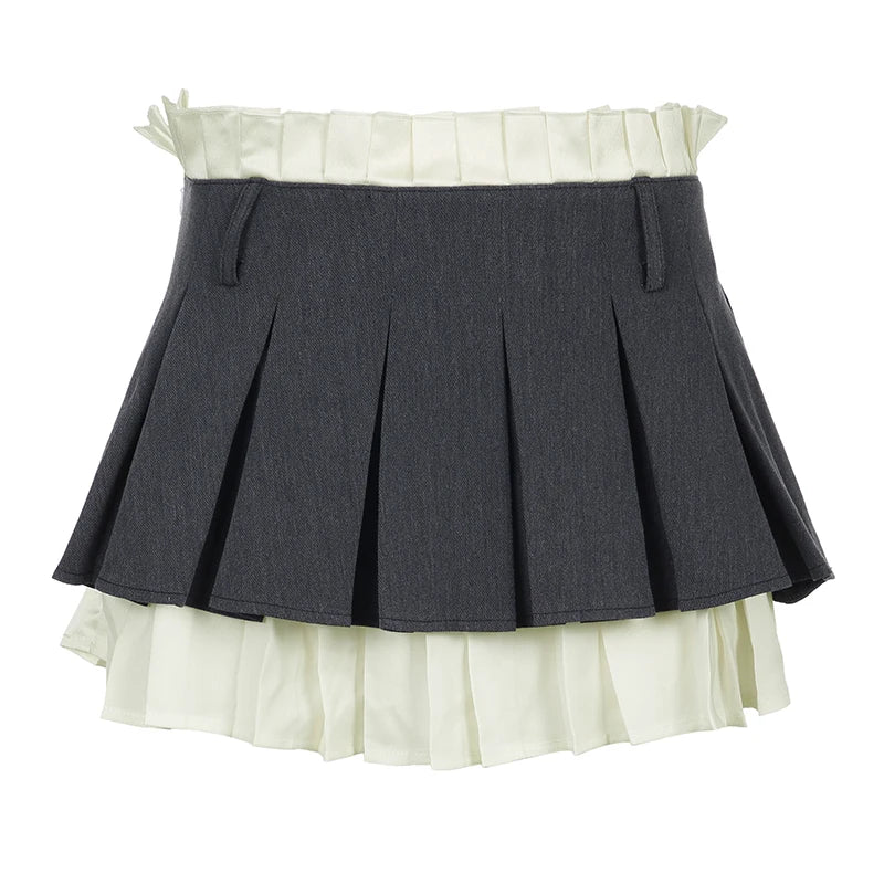 Korean Fashion Patchwork Pleated Skirt Women Ruched Folds Contrast Color Preppy Style Mini Skirt Summer Coquette Chic