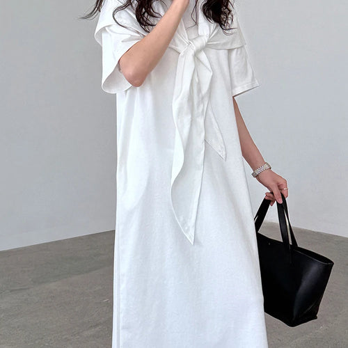Load image into Gallery viewer, Women White Bandage Irregular Big Size Midi Dress New Round Neck Short Sleeve Fashion Tide Spring Summer 2025 1DJ1263
