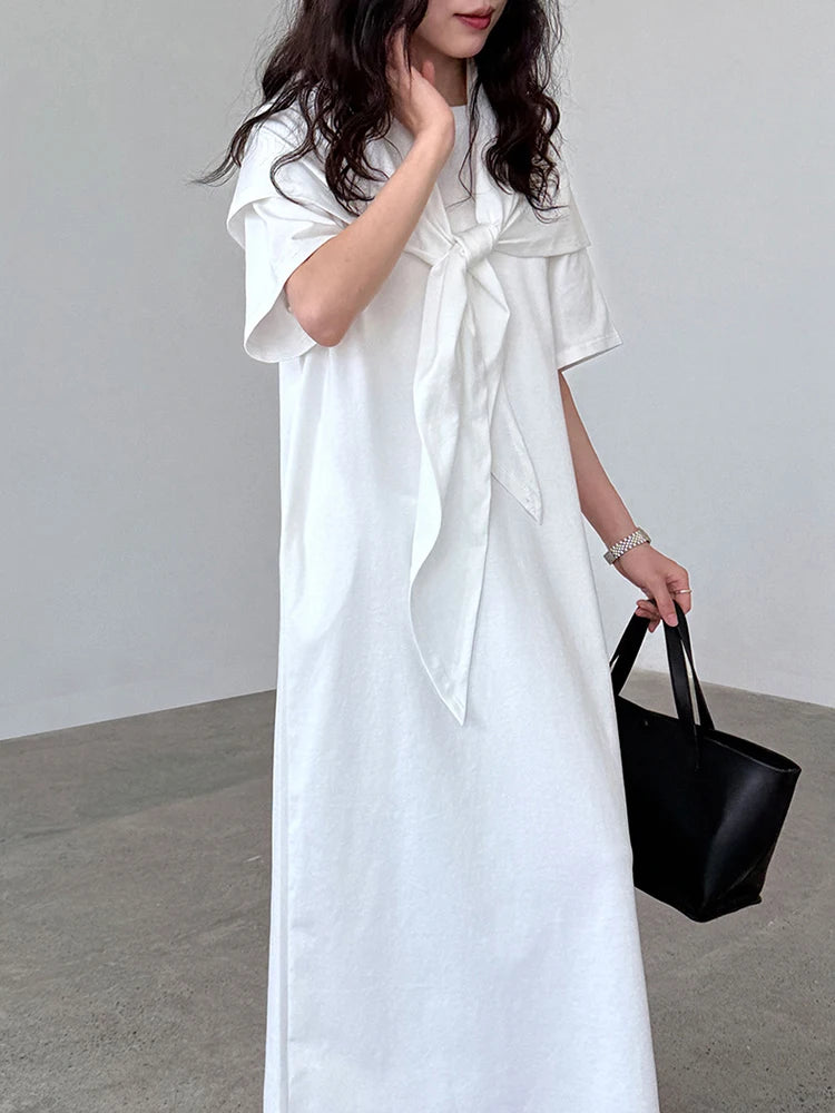 Women White Bandage Irregular Big Size Midi Dress New Round Neck Short Sleeve Fashion Tide Spring Summer 2025 1DJ1263