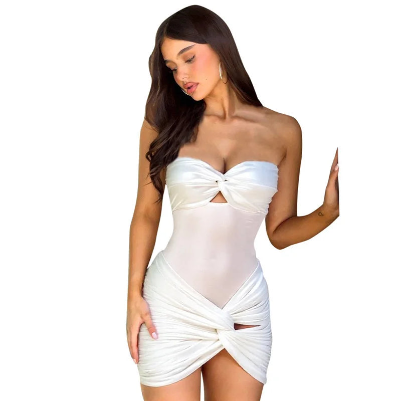 Sexy 2 Pieces Sets For Women Off-shoulder Strapless Hollow Out Bodysuit And Hot Skirt Two Pieces Sets Sexy Suit