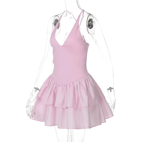 Load image into Gallery viewer, Halter V Neck Ruffle Mini Dress Women Robe Summer New Patchwork Spaghetti Strap Sleeveless High Waist A-line Dress
