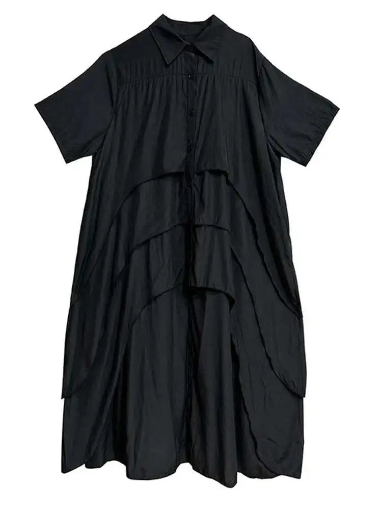 Women Black Layers Back Long Big Size Long Shirt Dress New Lapel Short Sleeve Fashion Tide Spring Summer 2025 1DH6073