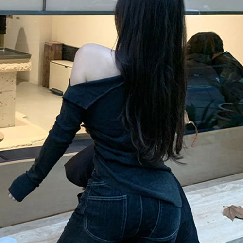 Load image into Gallery viewer, y2k Crop Top Clothing Women Solid Color Slant Neck Off Shoulder Long Sleeve Ruched T Shirt 2000s Clothes Streetwear
