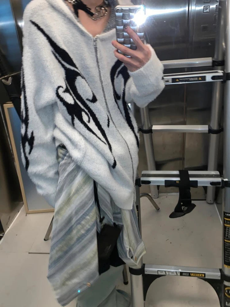 Men and Women Double Zipper  Y2k Aesthetic Cardigan Autumn Ladies Streetwear Sweater Coat Grunge Vintage Loose Hooded Cardigans