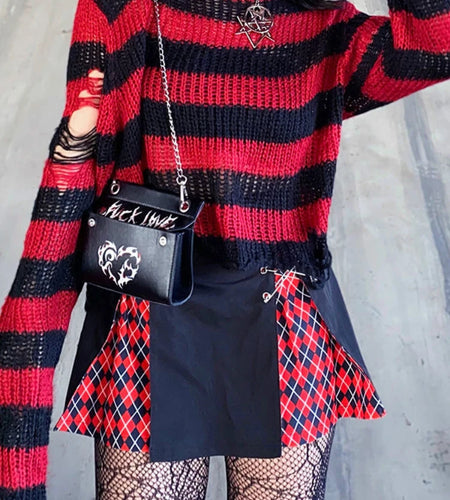 Striped Women's Crop Sweater Punk Streetwear Korean Style Hole Thin Knitted  Gothic Long Sleeve Y2k Pullover