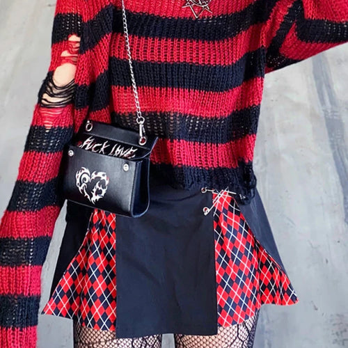 Load image into Gallery viewer, Striped Women's Crop Sweater Punk Streetwear Korean Style Hole Thin Knitted  Gothic Long Sleeve Y2k Pullover
