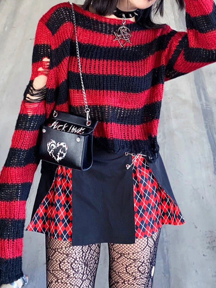 Striped Women's Crop Sweater Punk Streetwear Korean Style Hole Thin Knitted  Gothic Long Sleeve Y2k Pullover