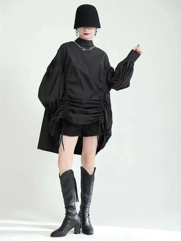 Women Balck Irregular Drawstring Big Size Dress New Stand Collar Long Sleeve Loose Fit Fashion Spring Autumn 2025 1Z18901