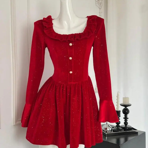 Load image into Gallery viewer, Women New Black Lace Long Sleeve Ruffles Pleated Princess Dress Autumn Winter Red High Waist Elegant Birthday Party Short Dress
