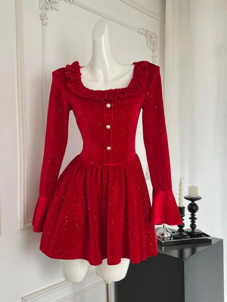 Women New Black Lace Long Sleeve Ruffles Pleated Princess Dress Autumn Winter Red High Waist Elegant Birthday Party Short Dress