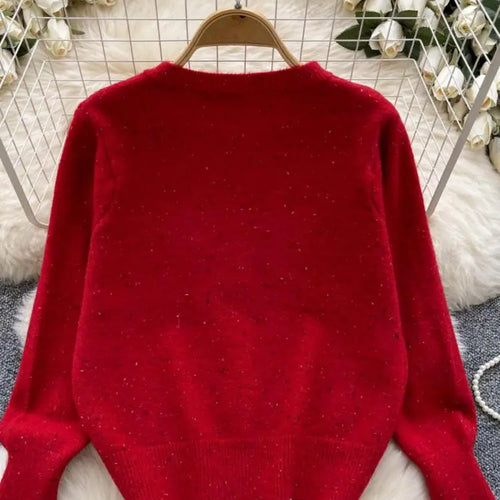 Load image into Gallery viewer, Autumn Winter Women Sweet Red Pink Elegant Round Neck Knit Tops Vintage White Single Breasted Long Sleeve Bow Sweater 2024 Trend
