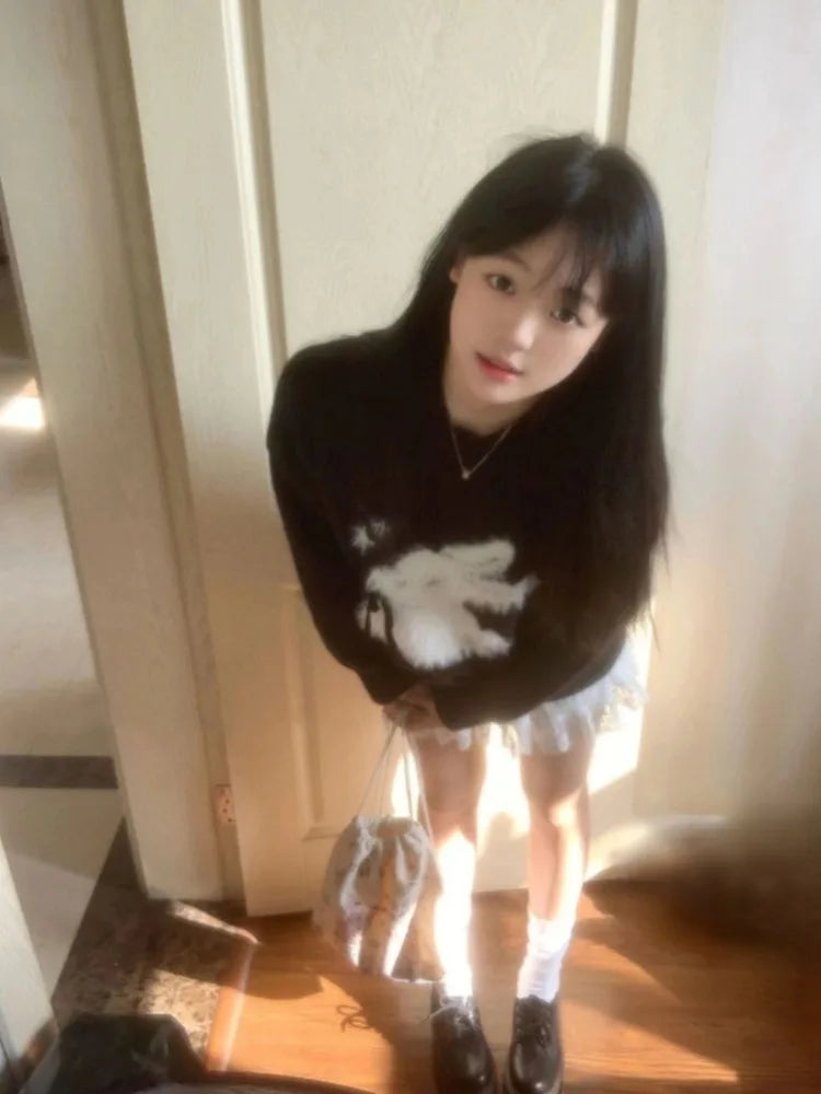 Y2k Aesthetic Vintage Kawaii Sweater Pullover 2025 New Autumn Winter Cartoon Jacquard Tops Women Streetwear Grunge Fairy Jumpers