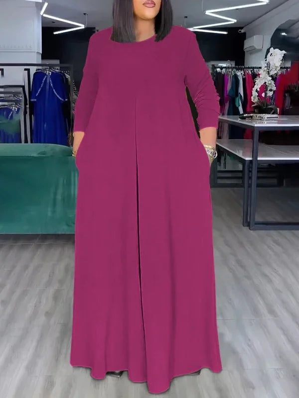 Summer Fashion Afican Loose Soild Color JumpSuits for Women with Pockets Round-Neck Wide Leg Pants Jumpsuit Female