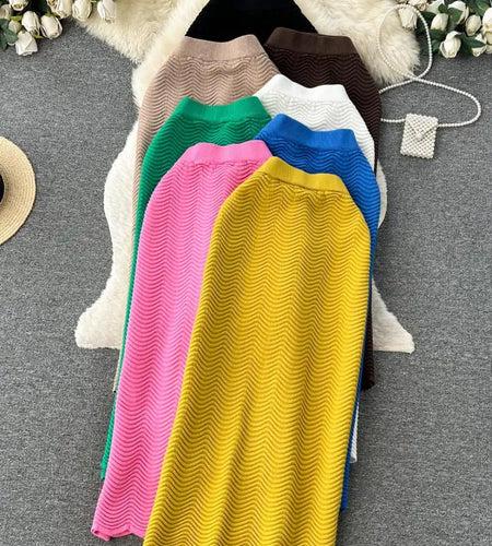 Solid Office Lady Slim Knit Pencil Skirts Women Elegant Elastic High Waist Female Casual Wave Bodycon Skirt Autumn New Fashion