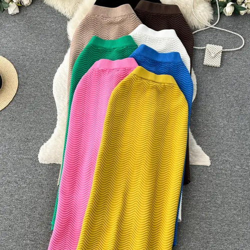 Load image into Gallery viewer, Solid Office Lady Slim Knit Pencil Skirts Women Elegant Elastic High Waist Female Casual Wave Bodycon Skirt Autumn New Fashion
