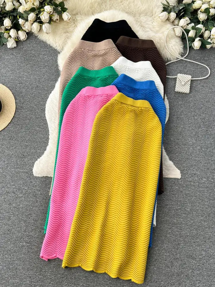 Solid Office Lady Slim Knit Pencil Skirts Women Elegant Elastic High Waist Female Casual Wave Bodycon Skirt Autumn New Fashion