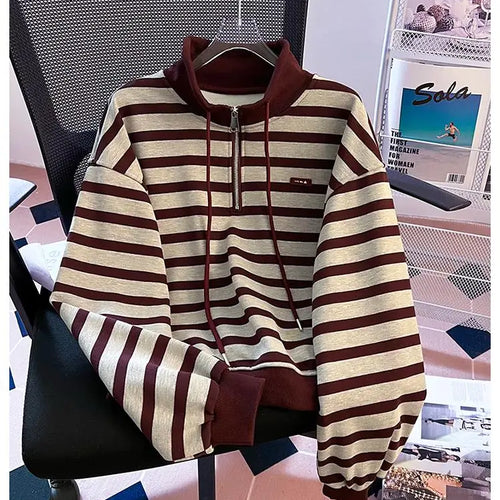 Load image into Gallery viewer, Korean Fashion Women's Striped Velvet Half Zipper Sweatshirt Autumn Winter Retro Long Sleeve Holiday Pullover Tops Thick Casual
