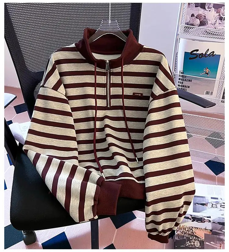 Korean Fashion Women's Striped Velvet Half Zipper Sweatshirt Autumn Winter Retro Long Sleeve Holiday Pullover Tops Thick Casual