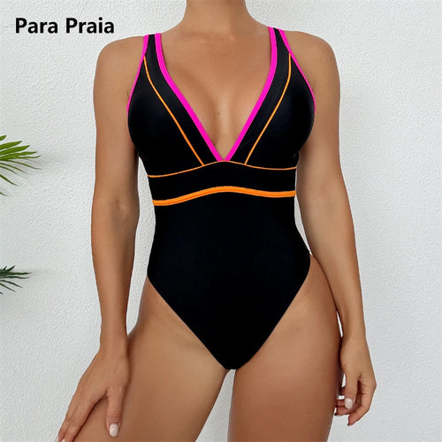 Load image into Gallery viewer, Sexy Deep V Neck Patchwork One Piece Swimsuit 2025 Swimwear for Women Splicing Bathing Suit High Waist Monokini
