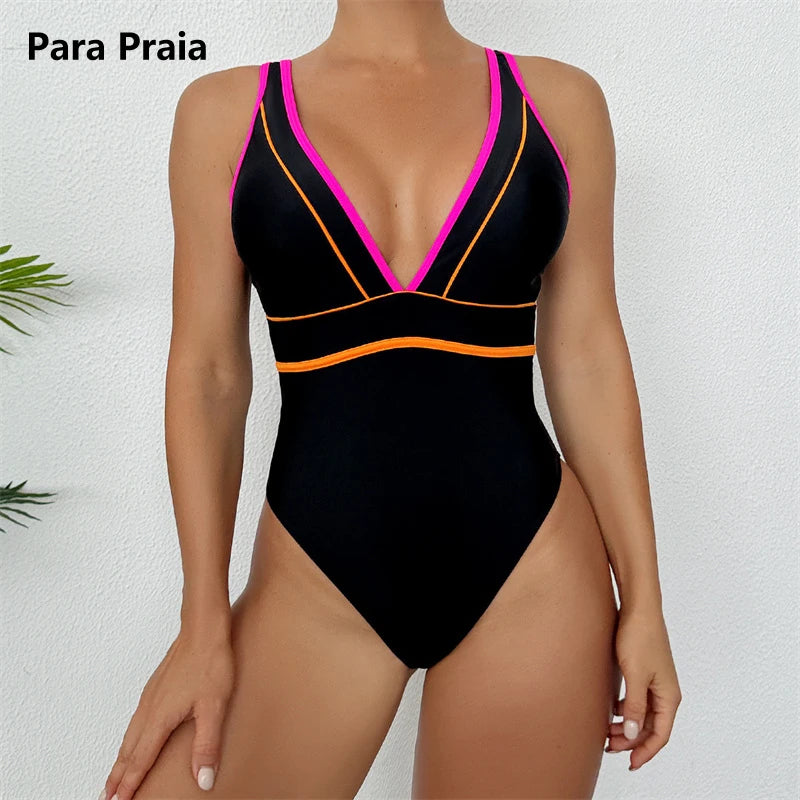 Sexy Deep V Neck Patchwork One Piece Swimsuit 2025 Swimwear for Women Splicing Bathing Suit High Waist Monokini