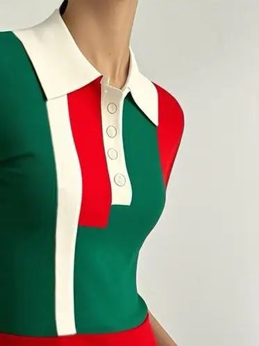 Load image into Gallery viewer, Knit Sweater Tops for Women 2025 Casual Contrast Color Buttoned Skinny Short Sleeves Polo Tee Shirts Woman Clothes
