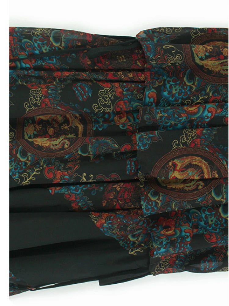 Women Black Pattern Printed Big Size Midi Dress New Round Neck Short Sleeve Fashion Tide Spring Summer 2025 1DJ0298