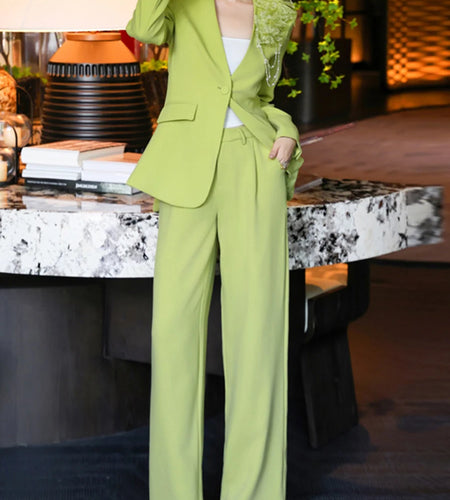 Temperament Two Piece Sets for Women V Neck Long Sleeves Spliced 3D Flower Blazer Wide Leg Pant Set Female Clothing