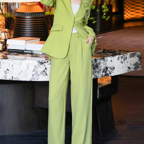 Load image into Gallery viewer, Temperament Two Piece Sets for Women V Neck Long Sleeves Spliced 3D Flower Blazer Wide Leg Pant Set Female Clothing
