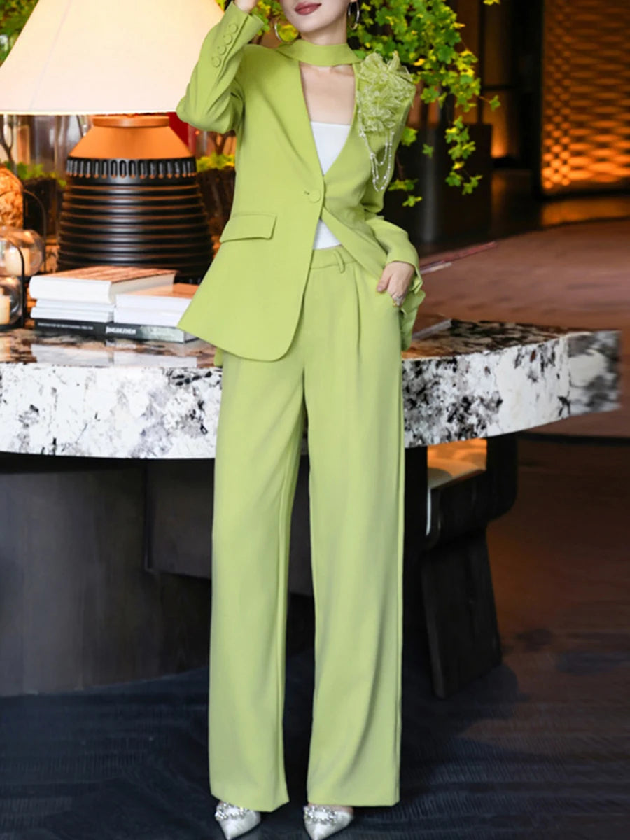 Temperament Two Piece Sets for Women V Neck Long Sleeves Spliced 3D Flower Blazer Wide Leg Pant Set Female Clothing