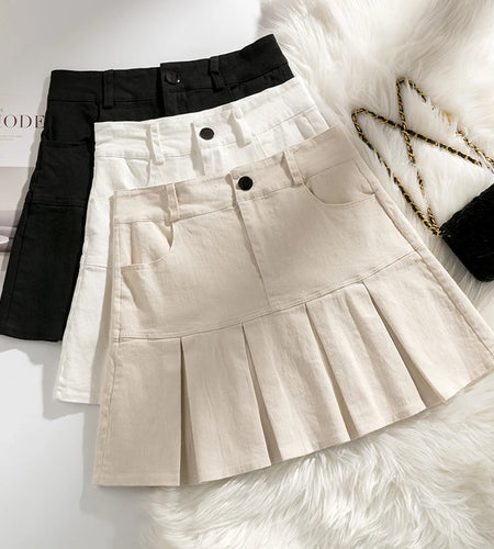 Korean Women's Denim Pleated Skirt Sexy Slim Mini Skirts Woman Summer Solid Color High Waist A-line Wrapped Short Skirt Simple
