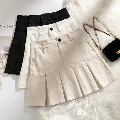 Load image into Gallery viewer, Korean Women's Denim Pleated Skirt Sexy Slim Mini Skirts Woman Summer Solid Color High Waist A-line Wrapped Short Skirt Simple

