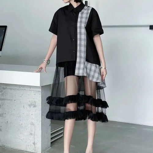 Load image into Gallery viewer, Women Black Plaid Mesh Spliced Big Size Midi Shirt Dress New Lapel Short Sleeve Fashion Tide Spring Summer 2025 1DJ0635
