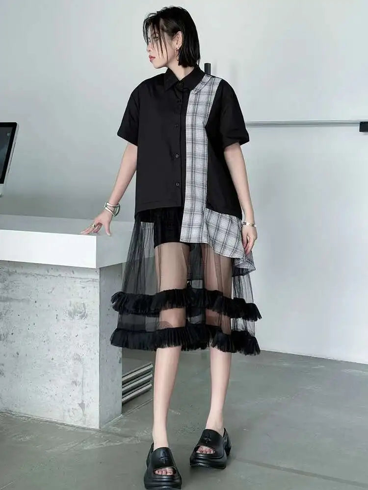 Women Black Plaid Mesh Spliced Big Size Midi Shirt Dress New Lapel Short Sleeve Fashion Tide Spring Summer 2025 1DJ0635