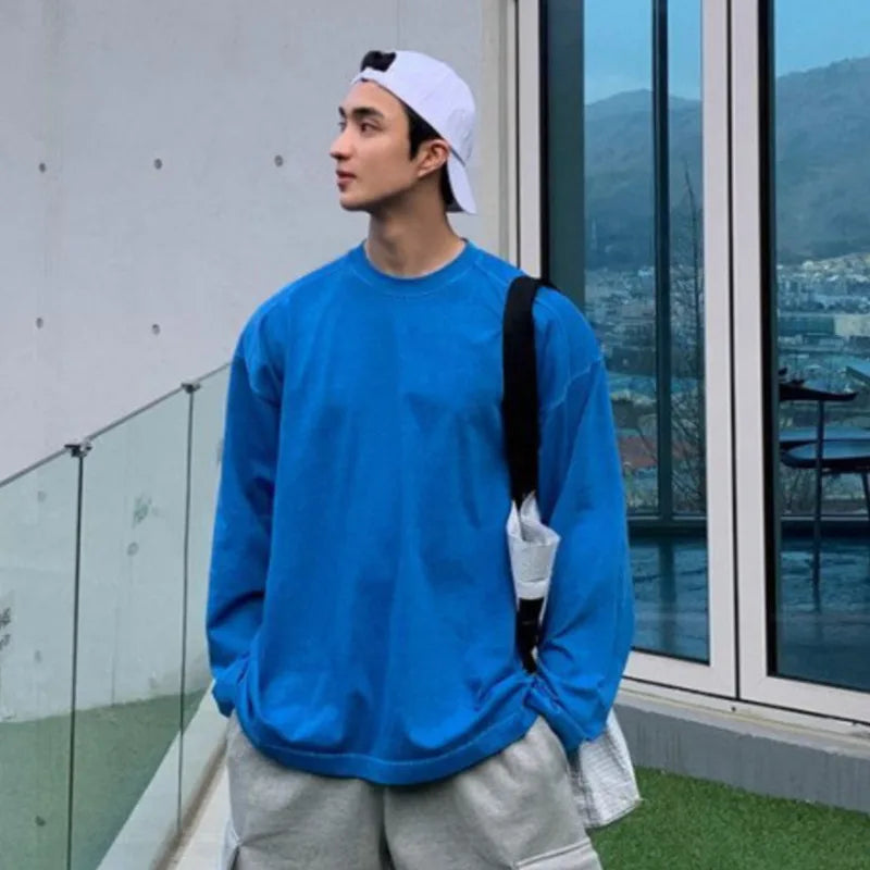 Men's Long Sleeve T-shirts Simple Casual Pullover Stylish Male Spring Loose Solid Color New Korean Trendy Round Neck 9W1455