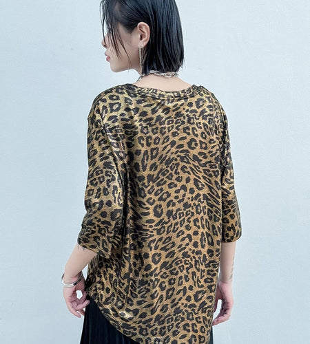Women Leopard Printed Irregular Hem Big Size T-shirt New Round Neck Half Sleeve Fashion Tide Spring Summer 2025 1DJ0633