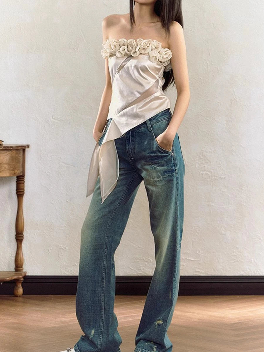 Hit Color Slimming Spliced Appliques Vests For Women Strapless Sleeveless Tunic Temperament Chic Vest Female New