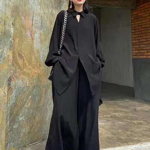 Load image into Gallery viewer, Wide Leg Pants Big Size Two Piece Suit New Lapel Long Sleeve Black Loose Fit Women Fashion Tide Spring Autumn 2025 1DF0685
