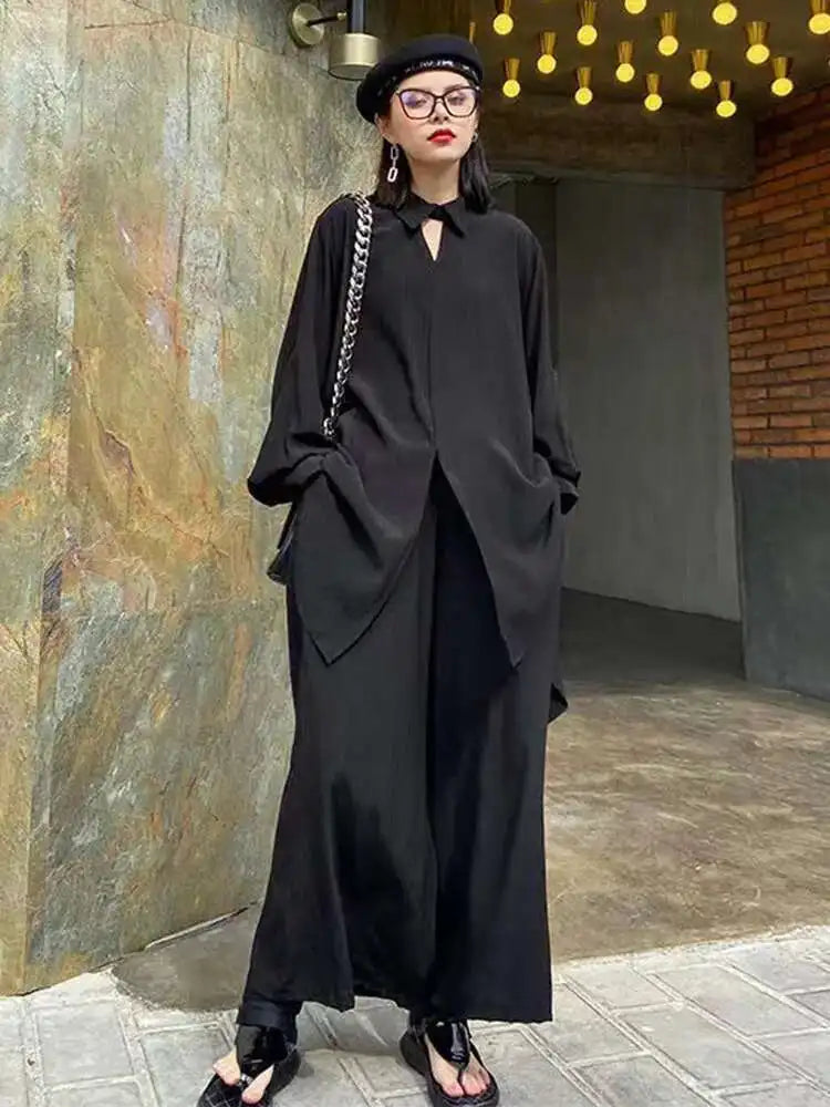 Wide Leg Pants Big Size Two Piece Suit New Lapel Long Sleeve Black Loose Fit Women Fashion Tide Spring Autumn 2025 1DF0685