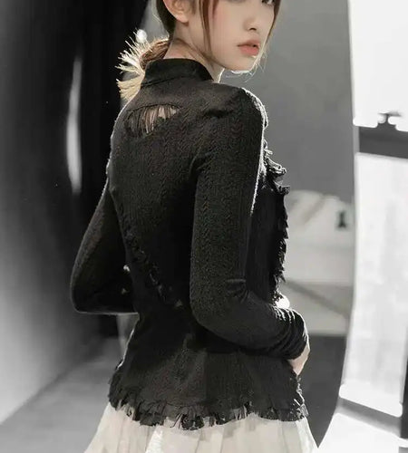 Black Lace Irregular Knitting Cardigan Sweater Stand Collar Long Sleeve Women New Fashion Tide Spring Autumn 2025 1DF5704